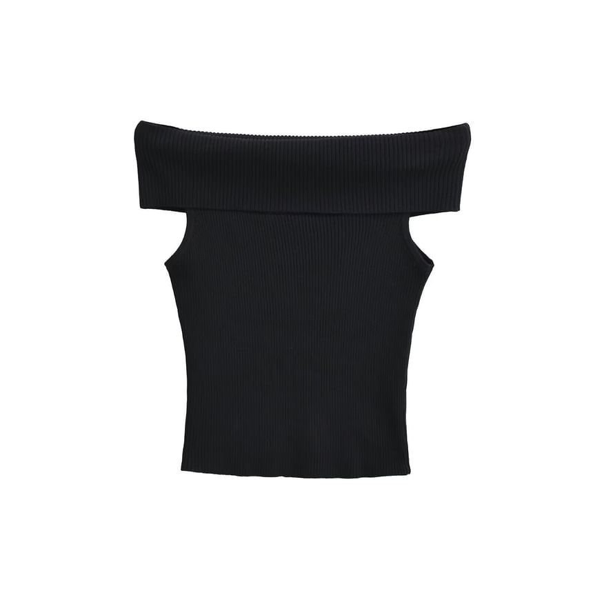 Off-Shoulder Ribbed Knit Tee with Short Sleeves