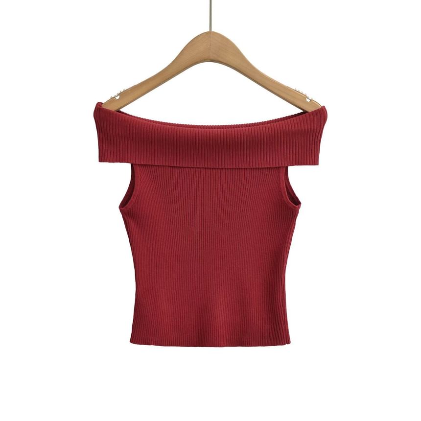 Off-Shoulder Ribbed Knit Tee with Short Sleeves