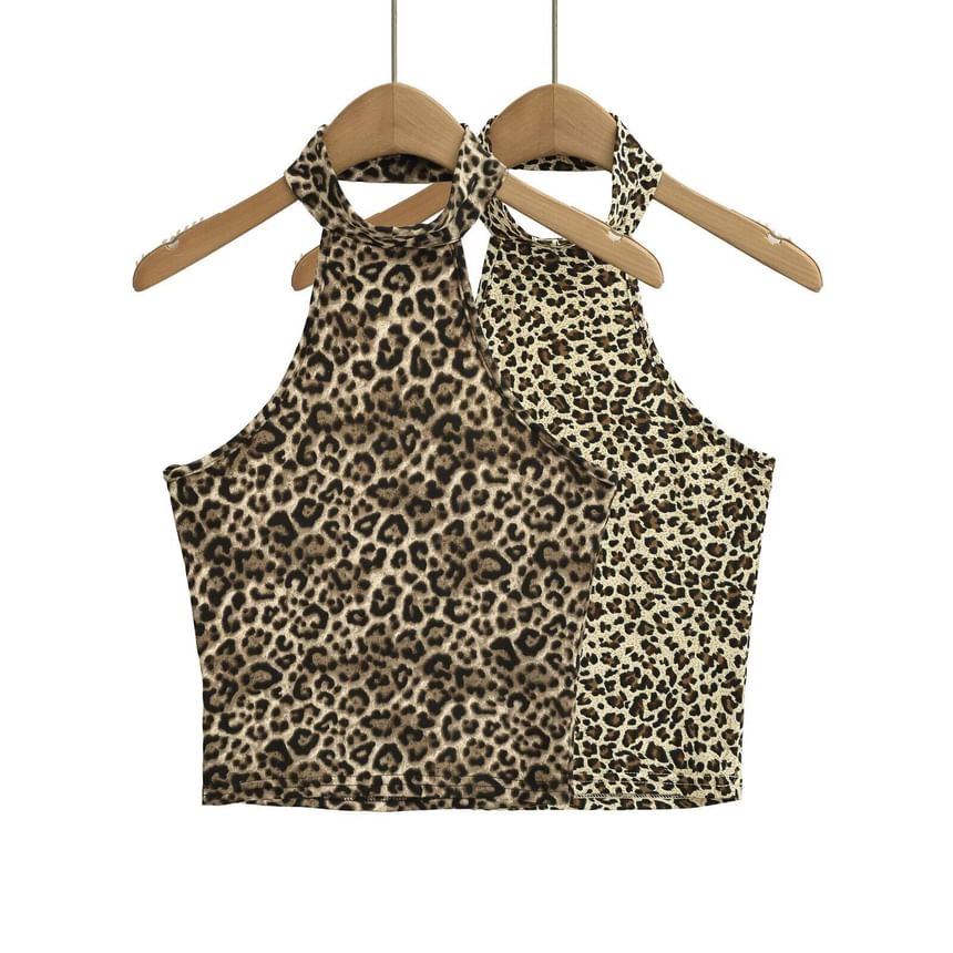 Leopard Print Halter Neck Crop Camisole