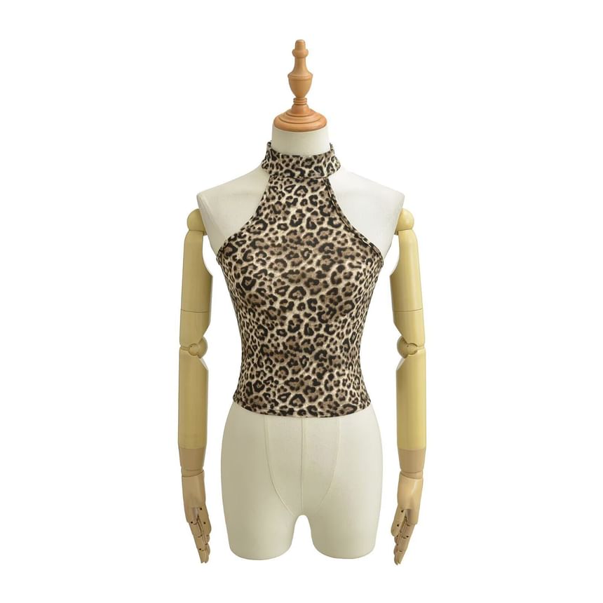Leopard Print Halter Neck Crop Camisole