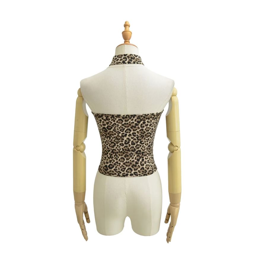 Leopard Print Halter Neck Crop Camisole