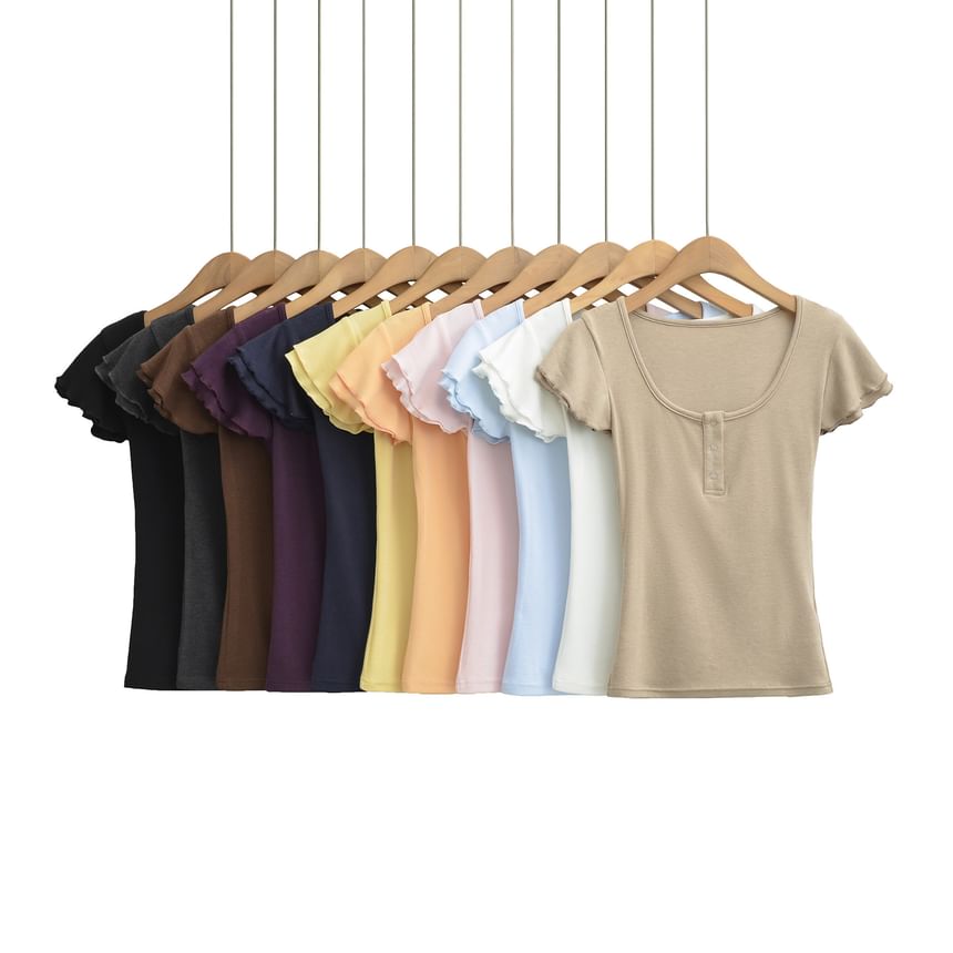 Scoop Neck Plain Henley T-Shirt with Short Sleeves