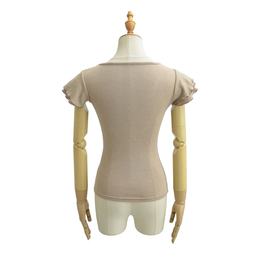 Scoop Neck Plain Henley T-Shirt with Short Sleeves