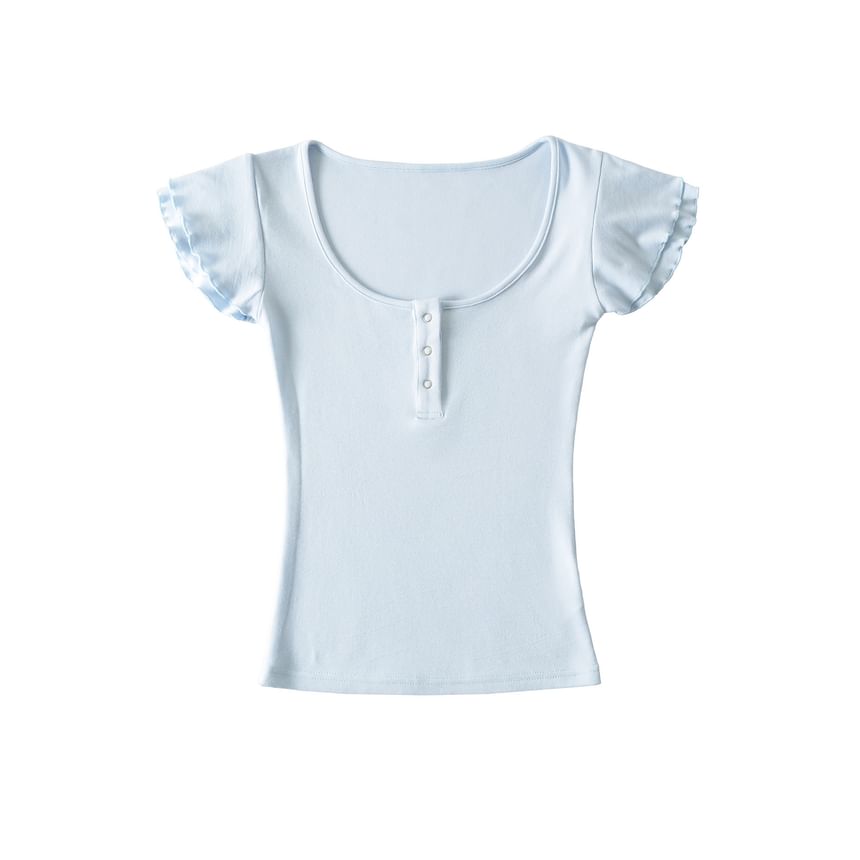 Scoop Neck Plain Henley T-Shirt with Short Sleeves