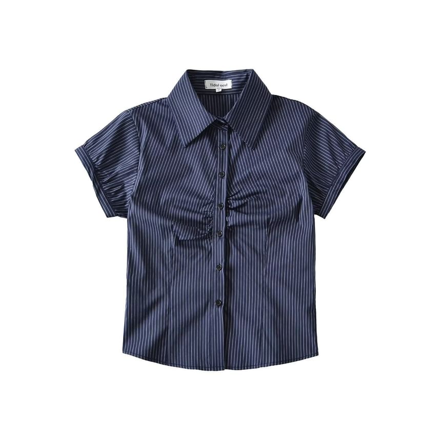Striped Ruched Collared Short Sleeve Button Shirt