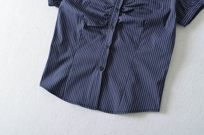Striped Ruched Collared Short Sleeve Button Shirt