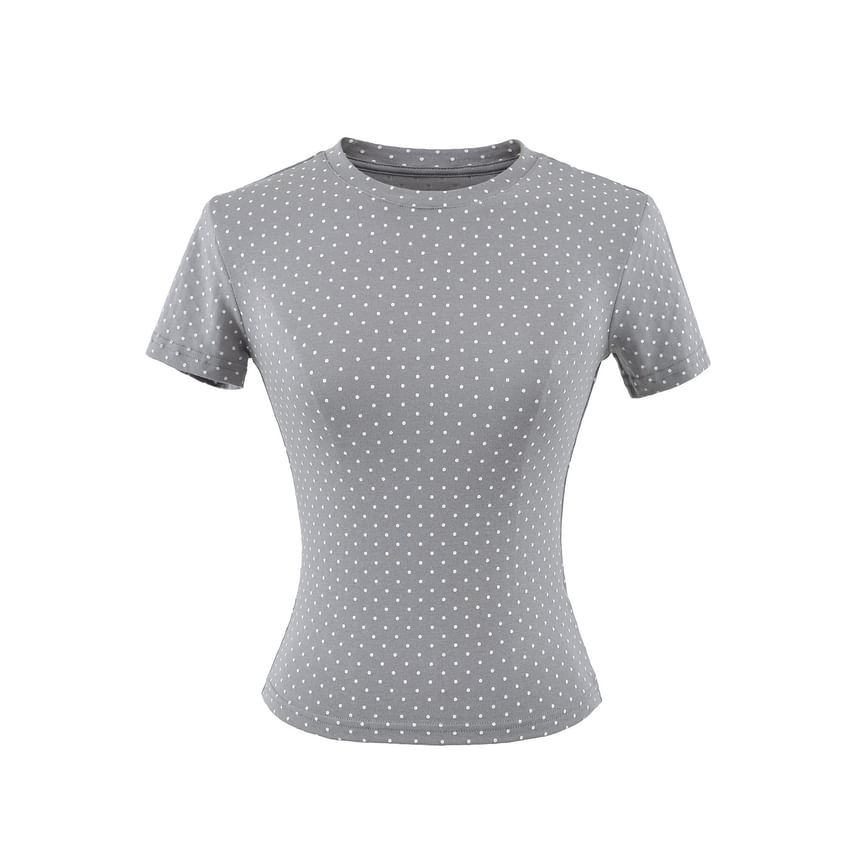 Dotted Crew Neck Crop T-Shirt with Short Sleeves