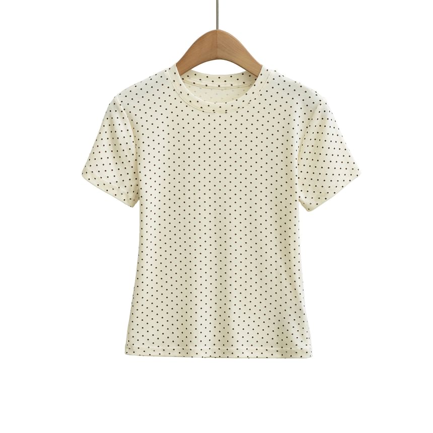 Dotted Crew Neck Crop T-Shirt with Short Sleeves