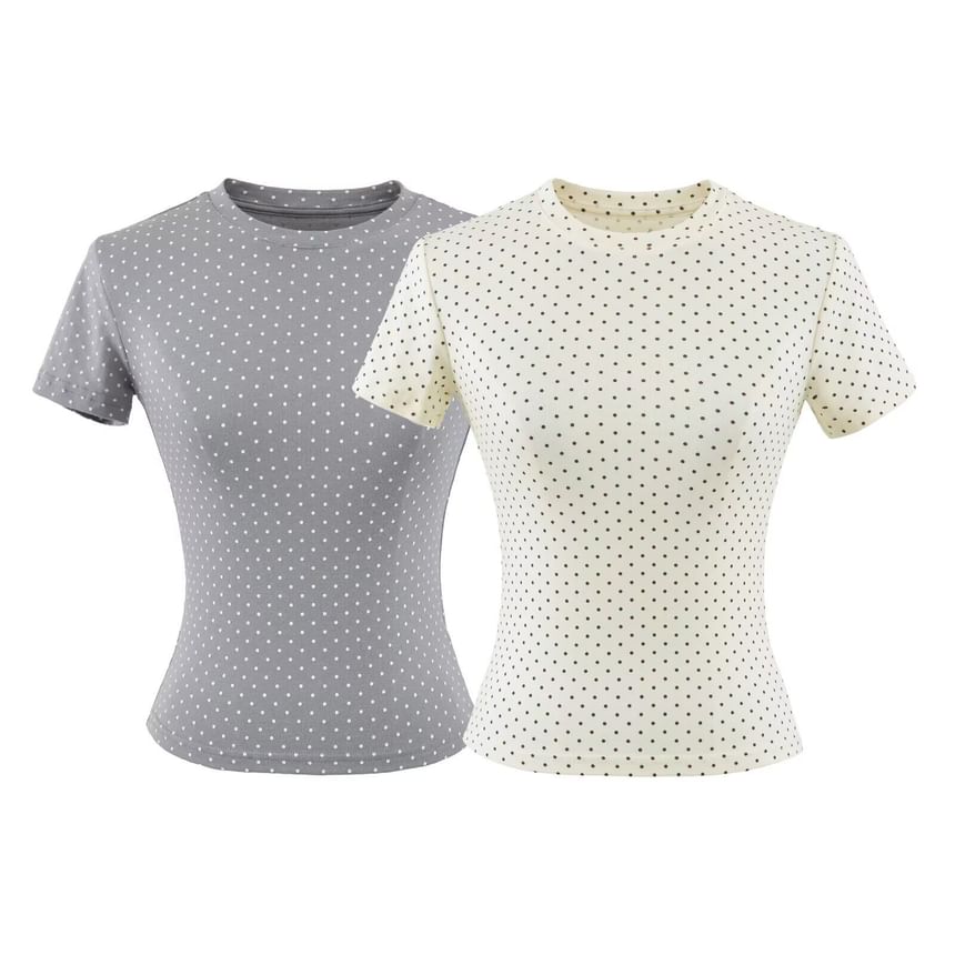Dotted Crew Neck Crop T-Shirt with Short Sleeves