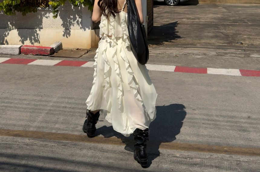 Set: Asymmetrical Plain Ruffled Camisole Top + Low Rise Midi A-Line Skirt