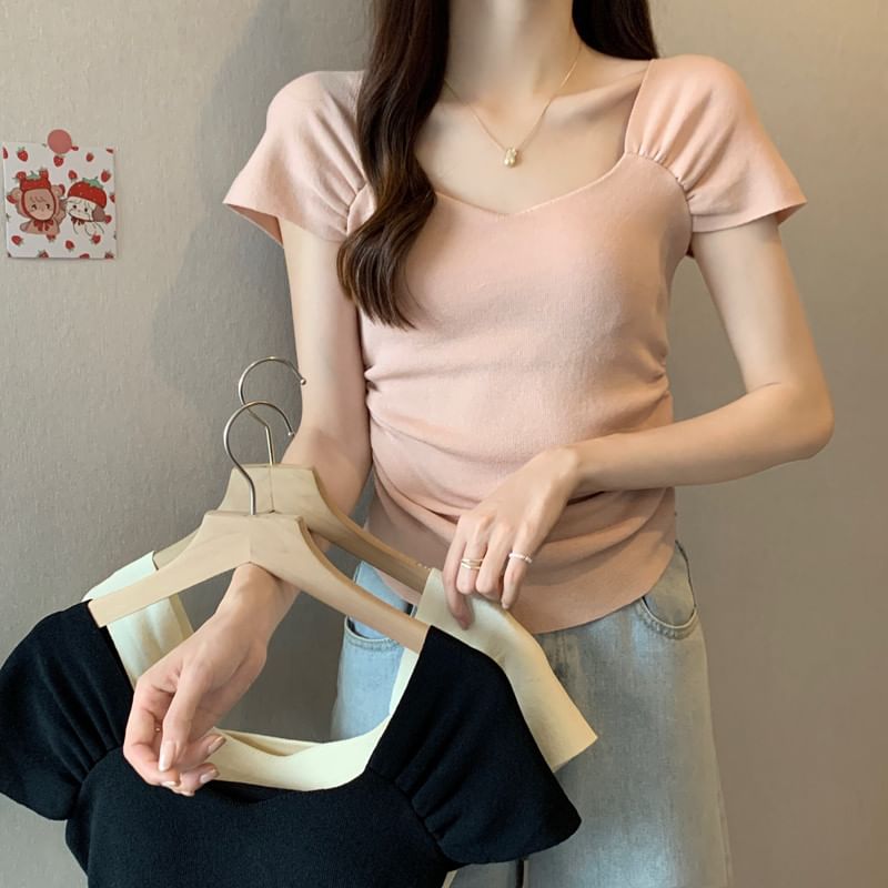 Square Neck Ruched Short Sleeve T-Shirt