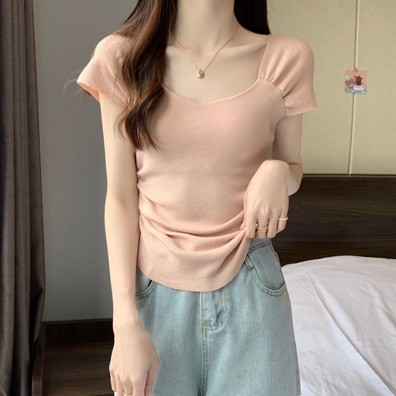 Square Neck Ruched Short Sleeve T-Shirt