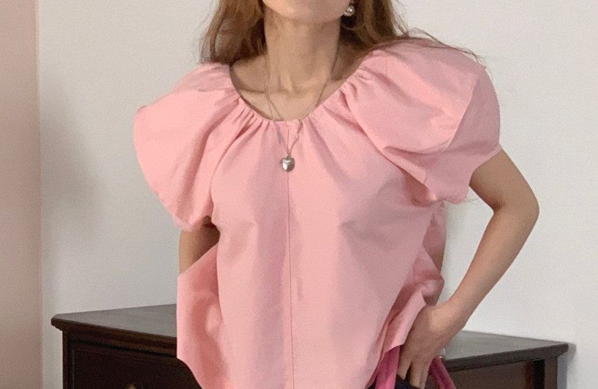 Ruched Scoop Neck Top with Short Sleeves