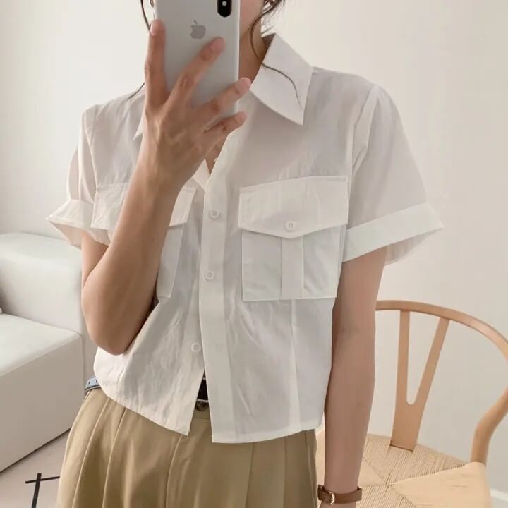 Cropped Collared Shirt with Short Sleeves