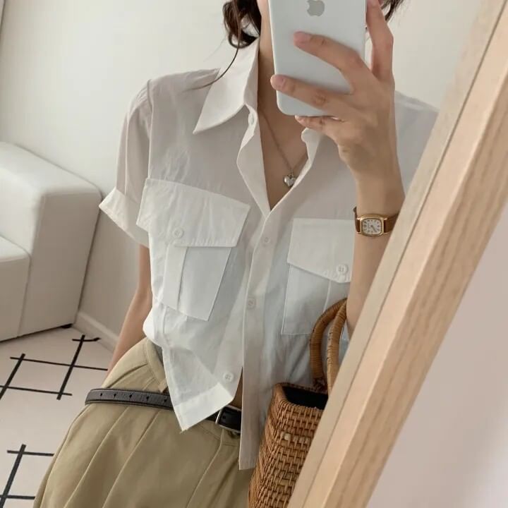 Cropped Collared Shirt with Short Sleeves