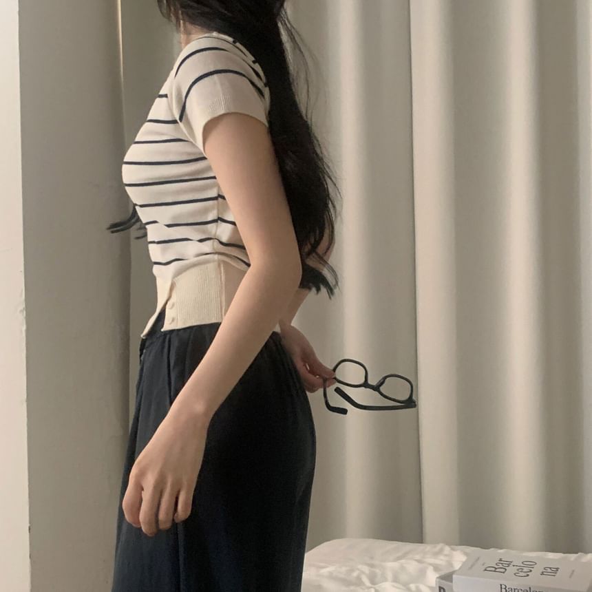 Striped Cropped Knit Top with Scoop Neck