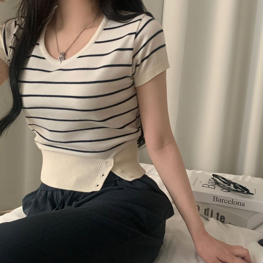 Striped Cropped Knit Top with Scoop Neck
