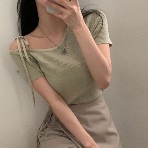 Cold Shoulder Ribbed Knit Top with Short Sleeves