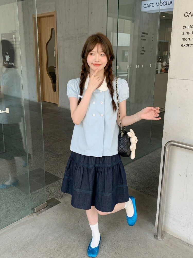 Double-Breasted Collared Blouse with Short Sleeves
