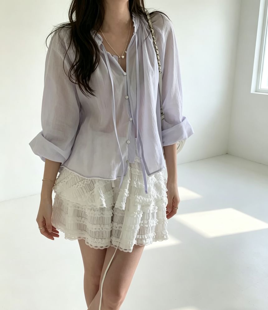 Ruffled Button-Up Blouse with Long Sleeves