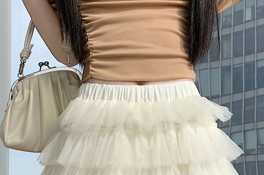 Mid Waist Sheer Plain Mini Tiered Skirt