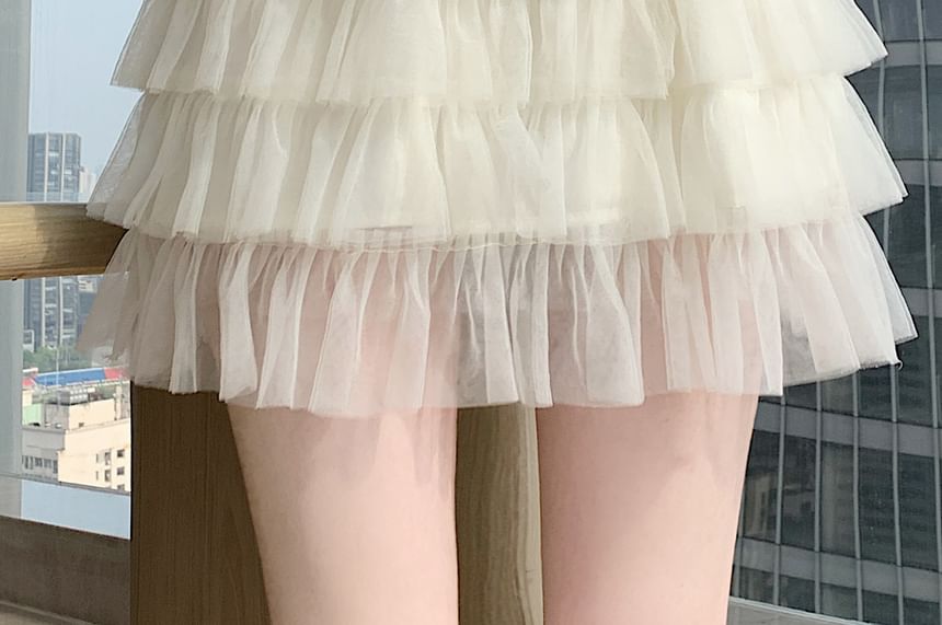 Mid Waist Sheer Plain Mini Tiered Skirt