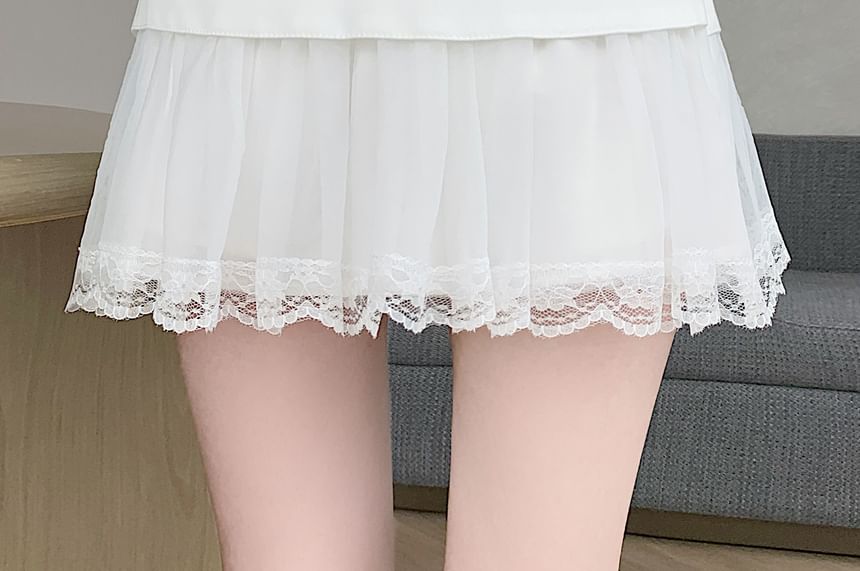 Mid Waist Sheer Overlay Mini Pleated Skirt