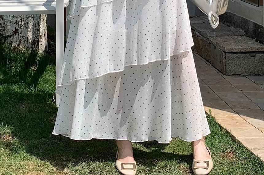 Mid Waist Dotted Maxi Tiered Skirt