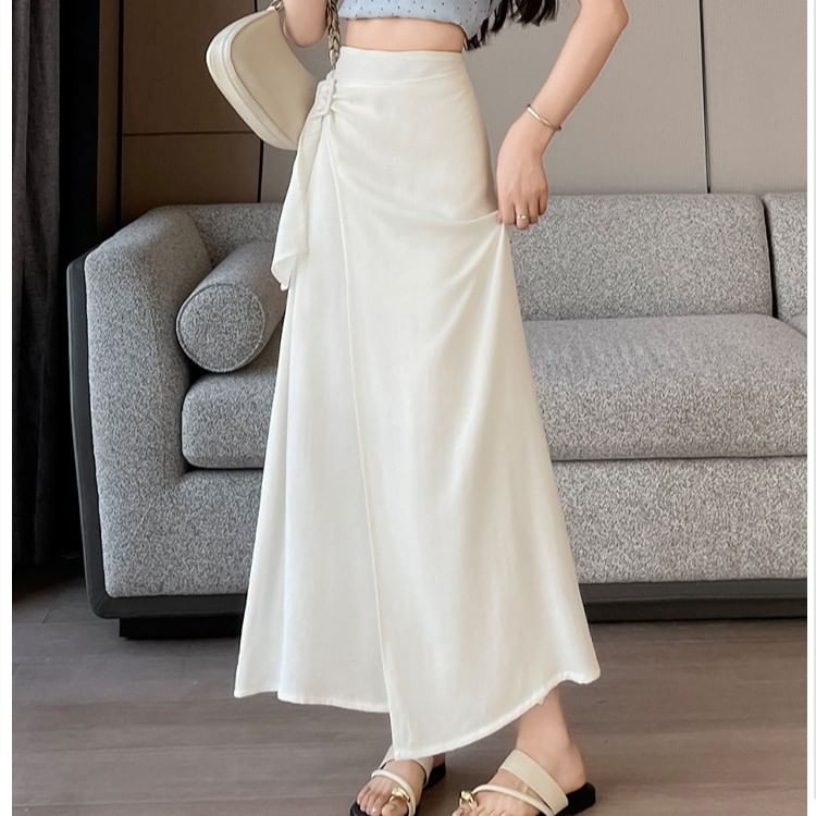 High Waist Asymmetrical Plain Maxi A-Line Skirt