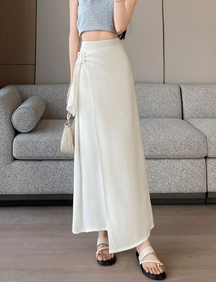 High Waist Asymmetrical Plain Maxi A-Line Skirt