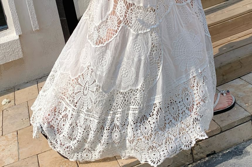 High Waist Lace Maxi A-Line Skirt