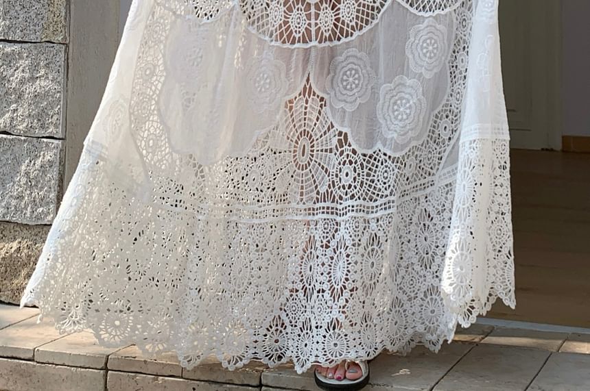 High Waist Lace Maxi A-Line Skirt