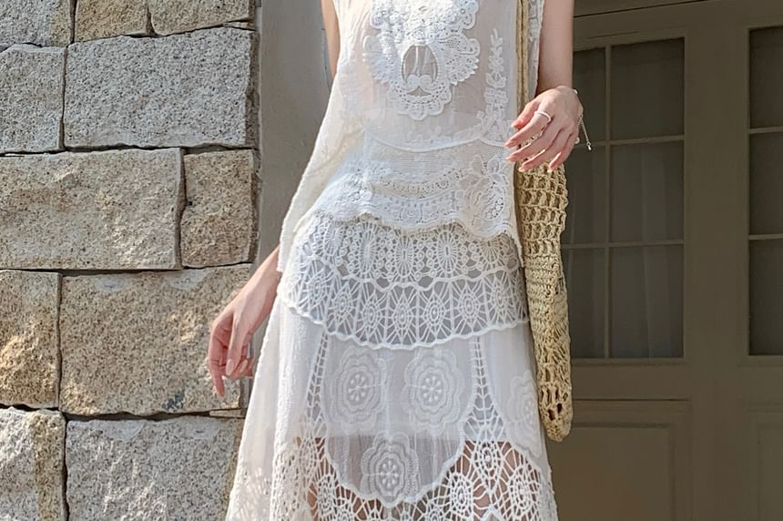 High Waist Lace Maxi A-Line Skirt