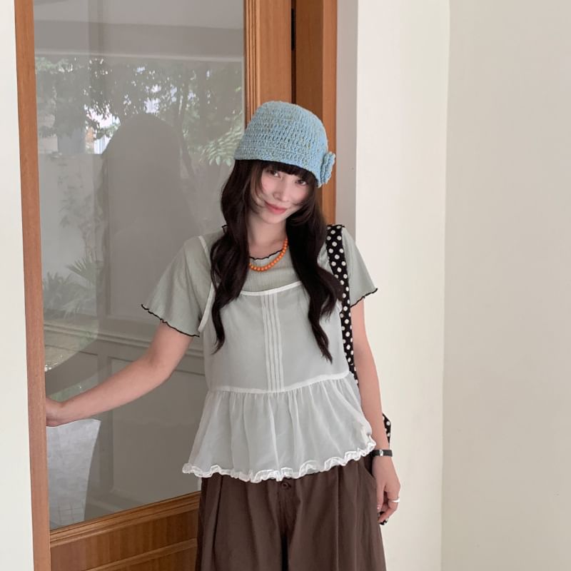 Sheer Frill Trim Pintuck Crop Camisole