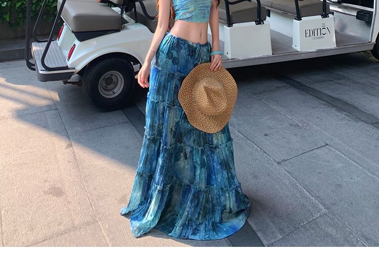 Tie Dye Ruched Crop Tube Top and Frill Trim Maxi Skirt Set
