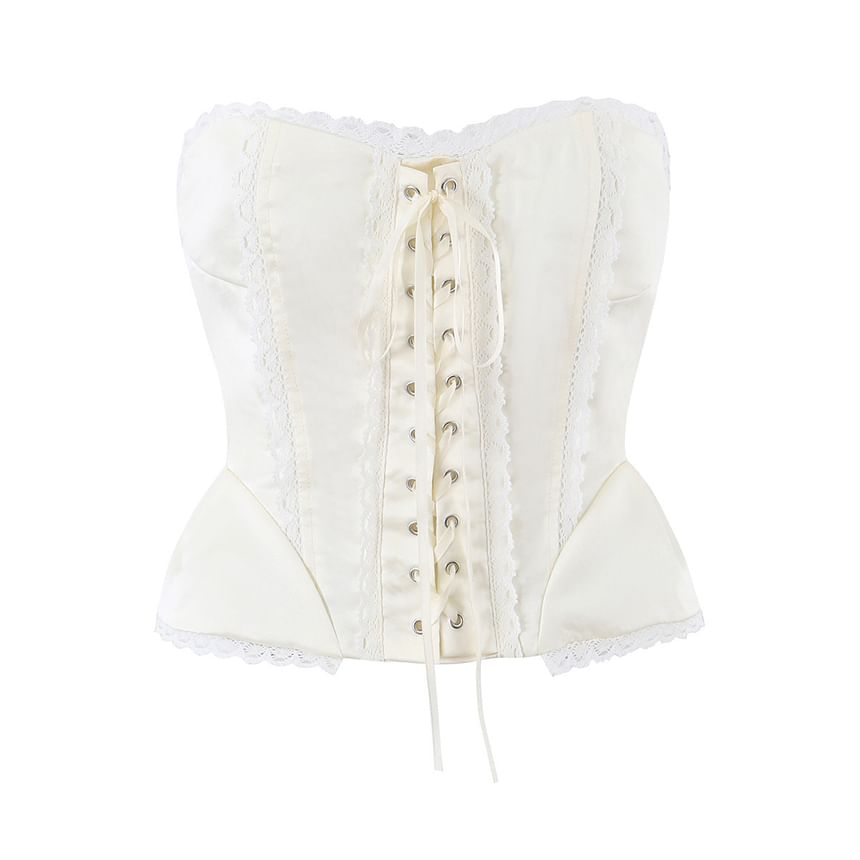 Lace-Up Corset Tube Top with Lace Trim