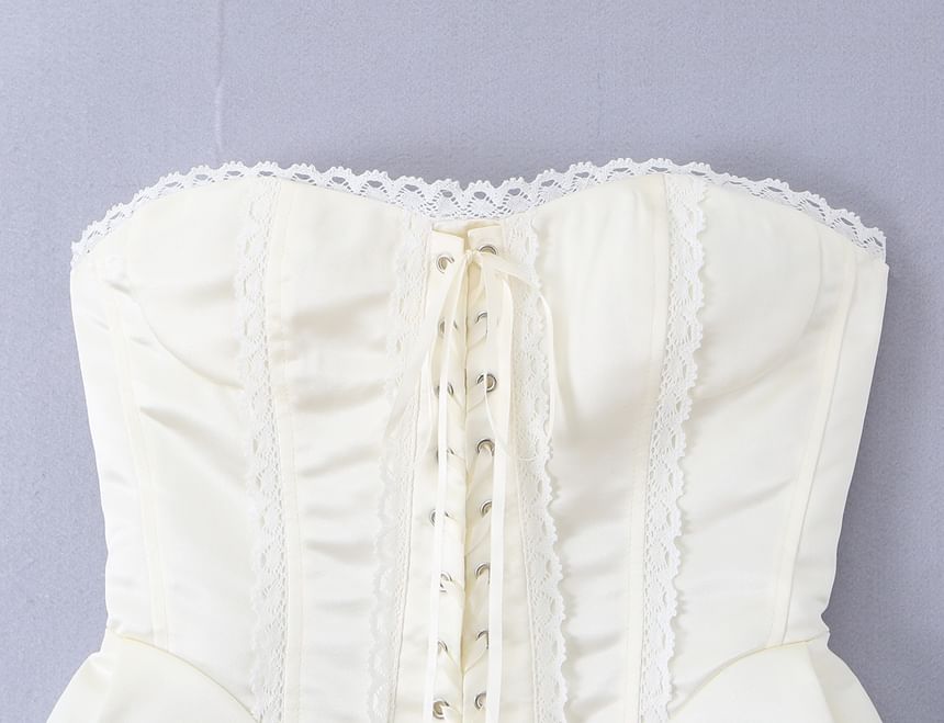 Lace-Up Corset Tube Top with Lace Trim