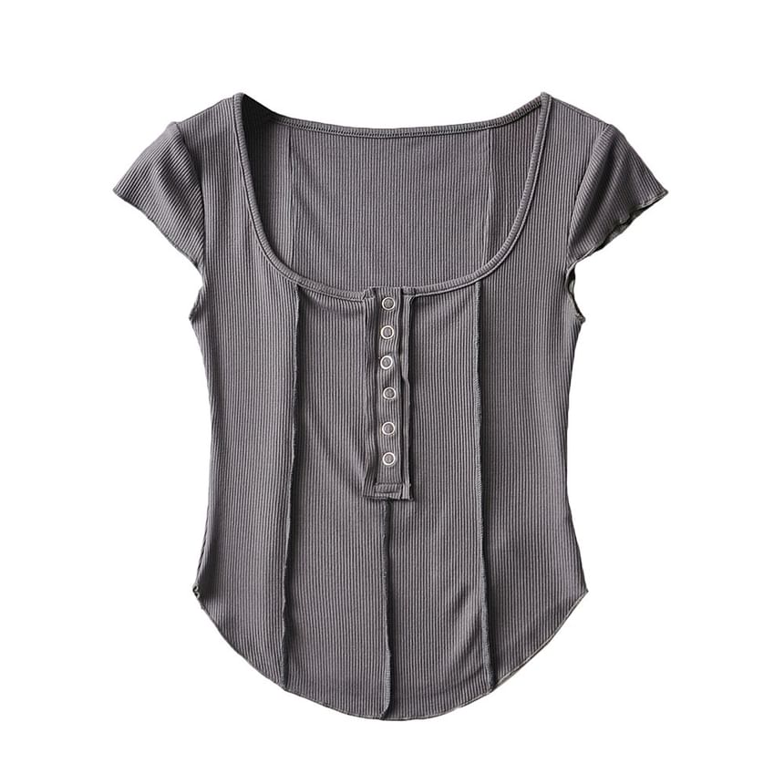 Ribbed Half-Buttoned Crop Scoop Neck Short Tee