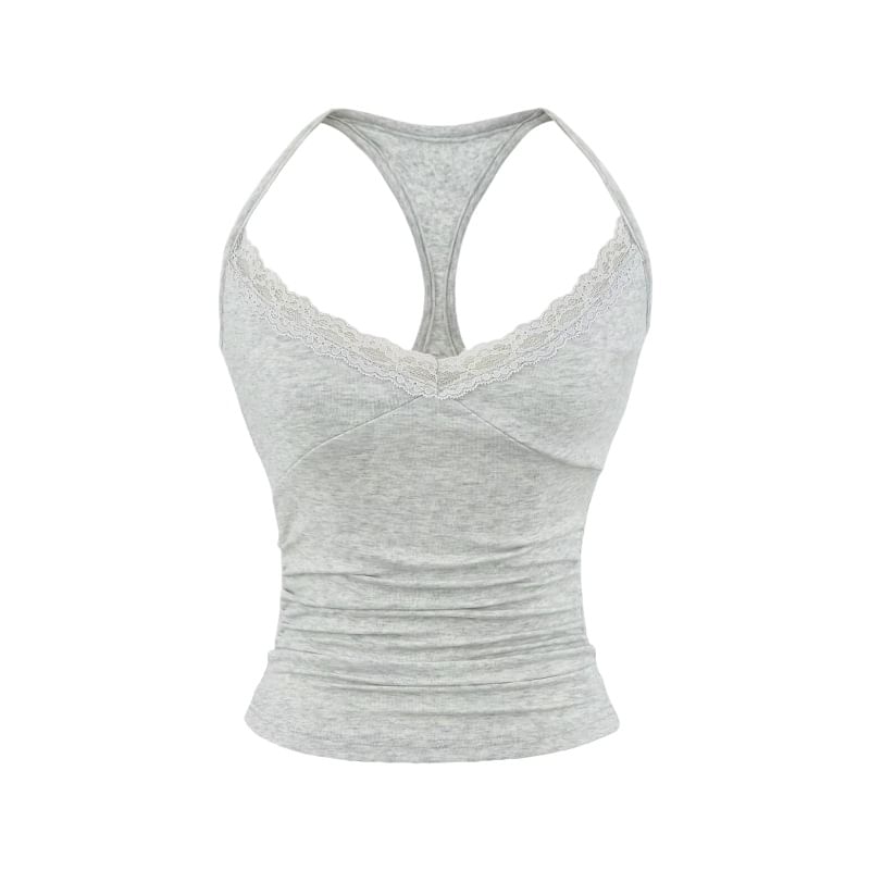 Ruched Racerback Crop Top with Lace Trim