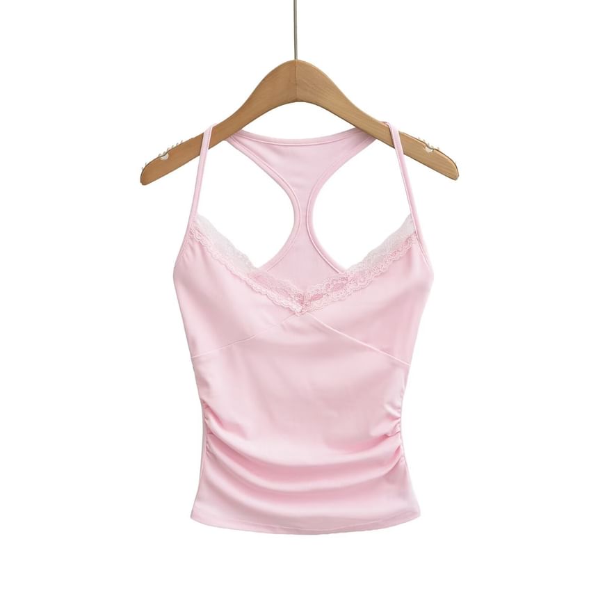 Ruched Racerback Crop Top with Lace Trim