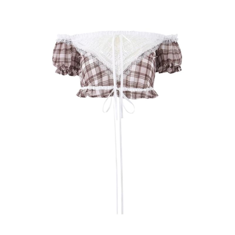 Plaid Lace Panel Crop Top with Puff Sleeves