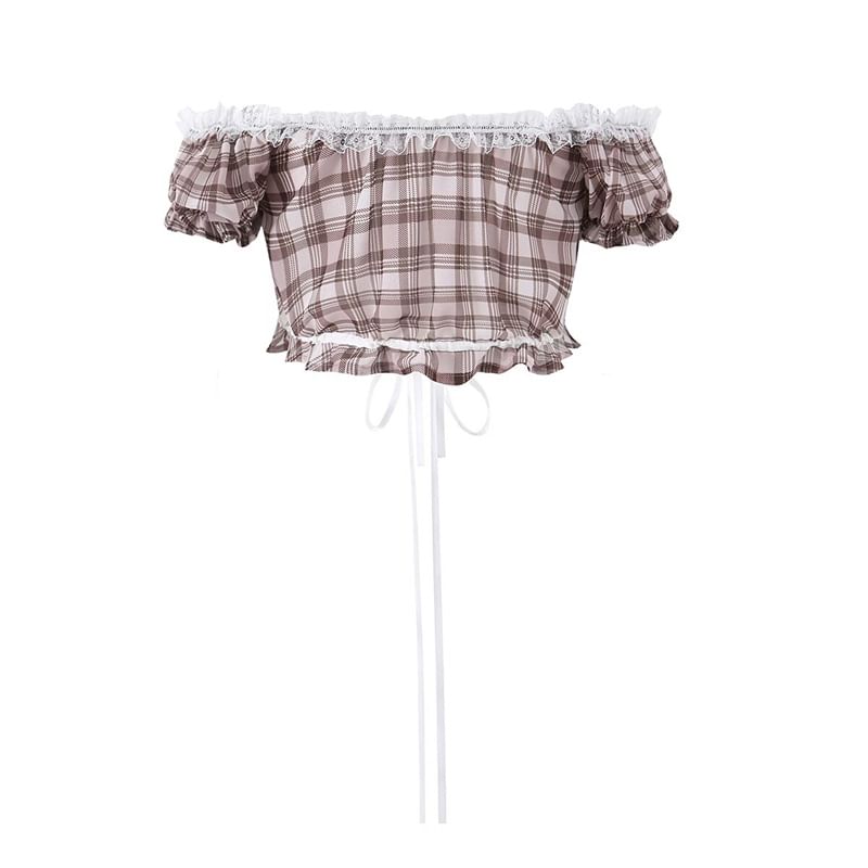 Plaid Lace Panel Crop Top with Puff Sleeves