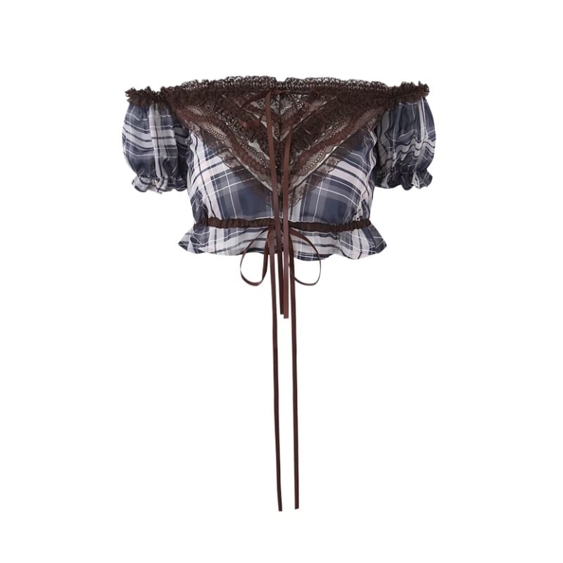 Plaid Lace Panel Crop Top with Puff Sleeves