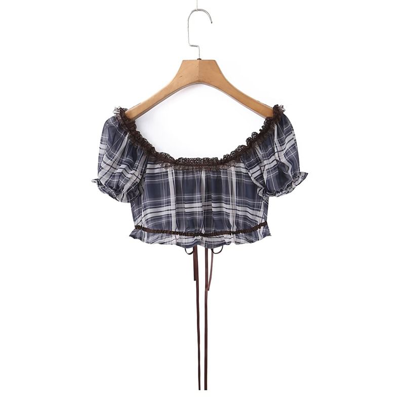 Plaid Lace Panel Crop Top with Puff Sleeves