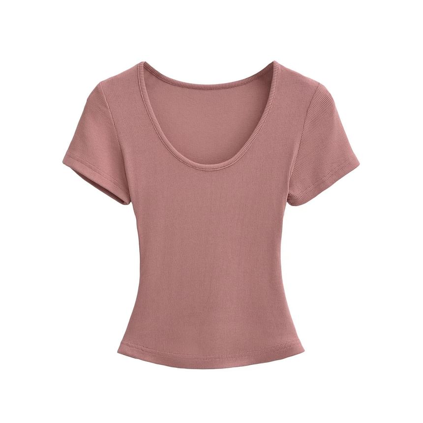 Ribbed Scoop Neck Crop T-Shirt with Short Sleeves