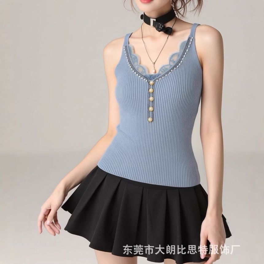 V-Neck Faux Pearl Button Lace Panel Ribbed Knit Camisole Top