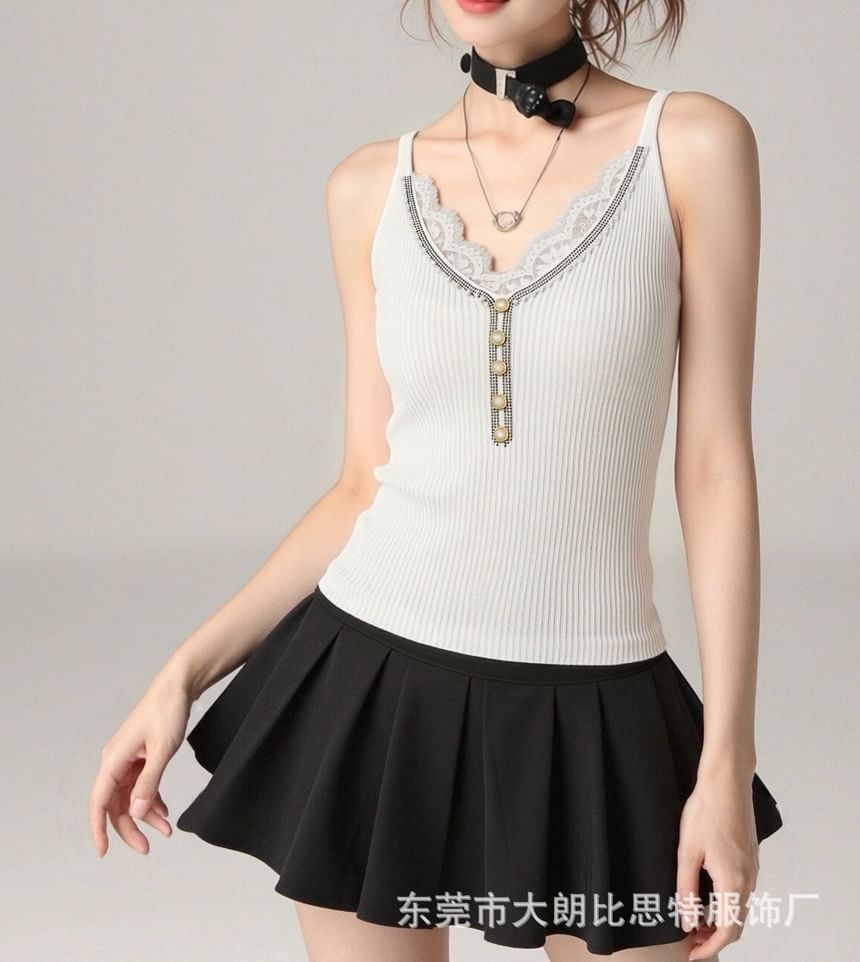 V-Neck Faux Pearl Button Lace Panel Ribbed Knit Camisole Top