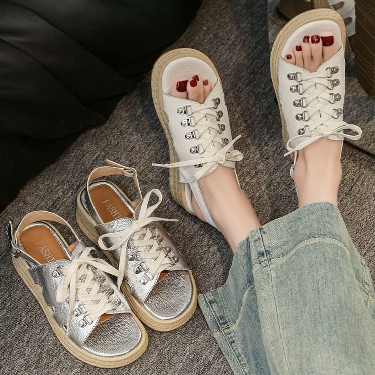 Lace-Up Slingback Faux Leather Wedge Sandals
