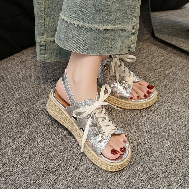 Lace-Up Slingback Faux Leather Wedge Sandals