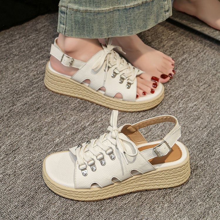 Lace-Up Slingback Faux Leather Wedge Sandals